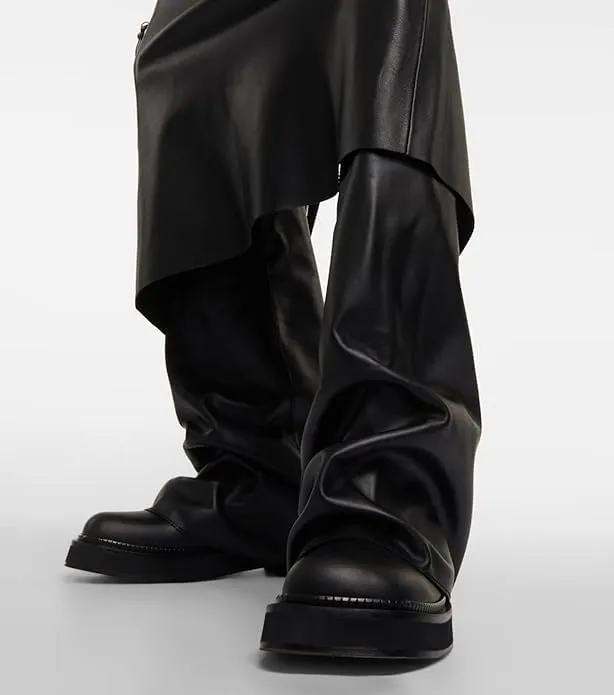 MAVMAX Women Fold Over Knee High Boots Casual Round Toe Coverd Slouched Leather Pull On Wide Calf Chunky Low Heel Platform Boots