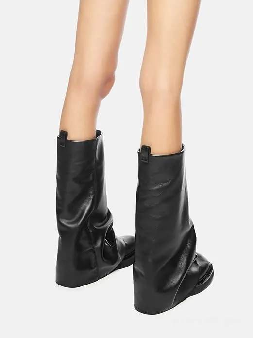MAVMAX Women Fold Over Knee High Boots Casual Round Toe Coverd Slouched Leather Pull On Wide Calf Chunky Low Heel Platform Boots