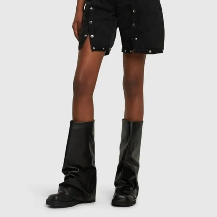 MAVMAX Women Fold Over Knee High Boots Casual Round Toe Coverd Slouched Leather Pull On Wide Calf Chunky Low Heel Platform Boots