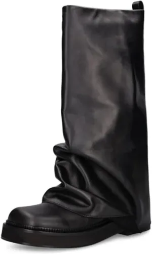MAVMAX Women Fold Over Knee High Boots Casual Round Toe Coverd Slouched Leather Pull On Wide Calf Chunky Low Heel Platform Boots