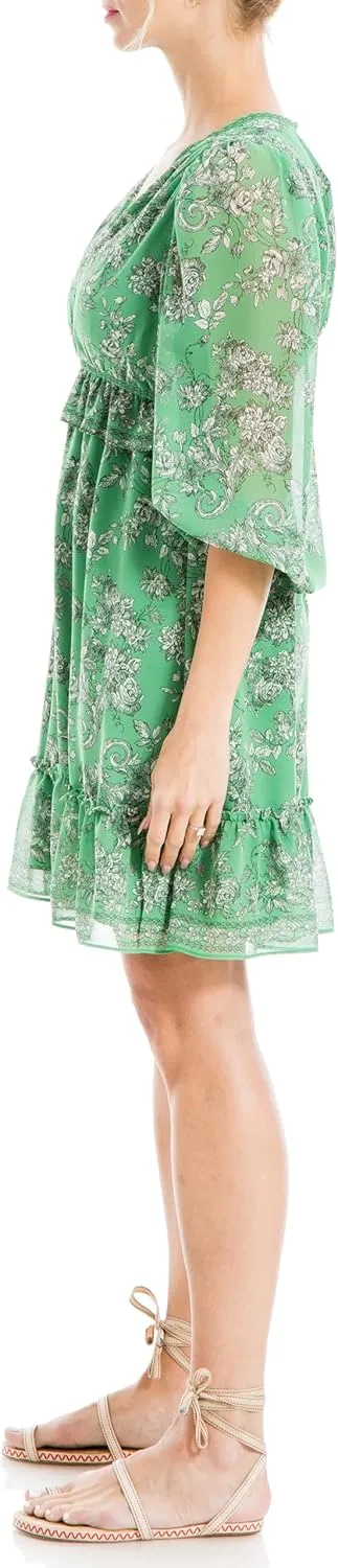 Max Studio Women's Spring 2023 Everyday Fashion Printed Georgette Long Sleeve V-Neck Chic Short Dress