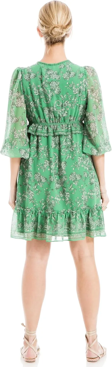 Max Studio Women's Spring 2023 Everyday Fashion Printed Georgette Long Sleeve V-Neck Chic Short Dress