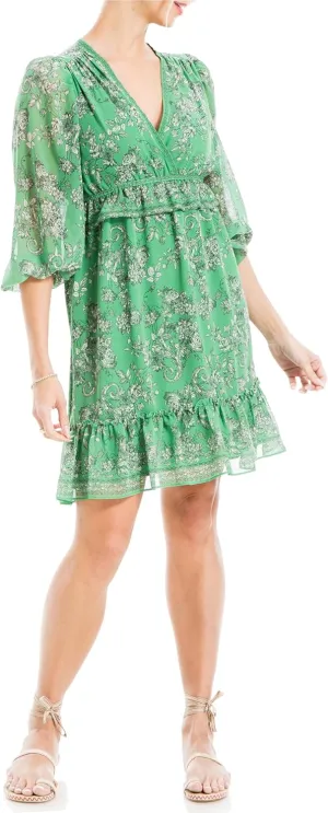 Max Studio Women's Spring 2023 Everyday Fashion Printed Georgette Long Sleeve V-Neck Chic Short Dress