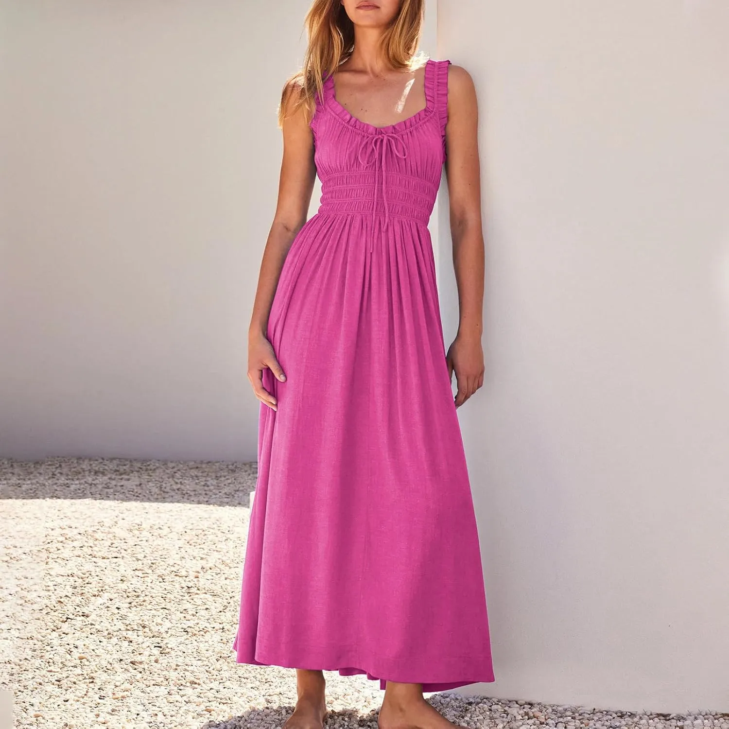 Maxi Dresses for Women 2025 Drawstring Round Neck Sleeveless Waisted Dress Summer Relax Vacation Sundress