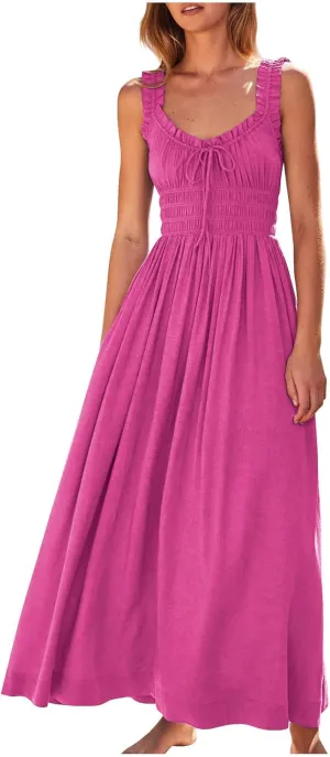 Maxi Dresses for Women 2025 Drawstring Round Neck Sleeveless Waisted Dress Summer Relax Vacation Sundress
