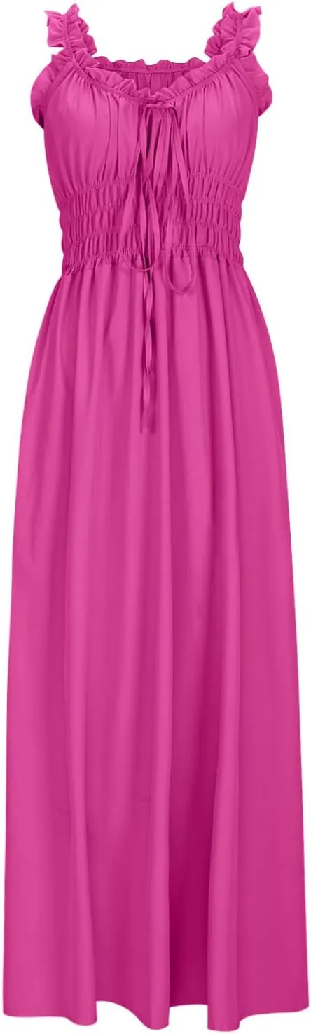 Maxi Dresses for Women 2025 Drawstring Round Neck Sleeveless Waisted Dress Summer Relax Vacation Sundress
