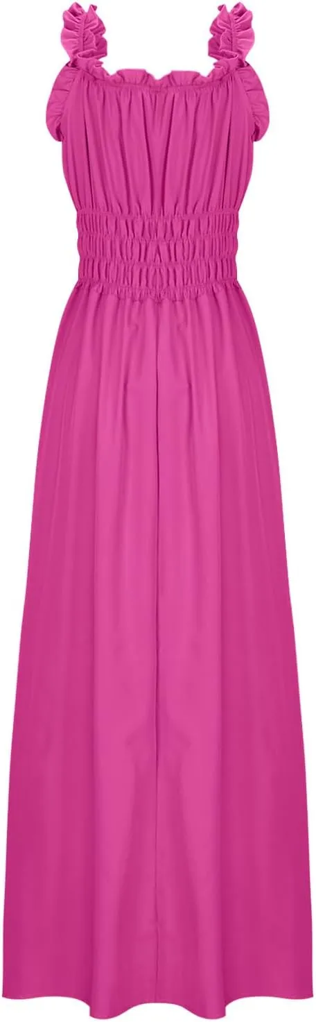 Maxi Dresses for Women 2025 Drawstring Round Neck Sleeveless Waisted Dress Summer Relax Vacation Sundress