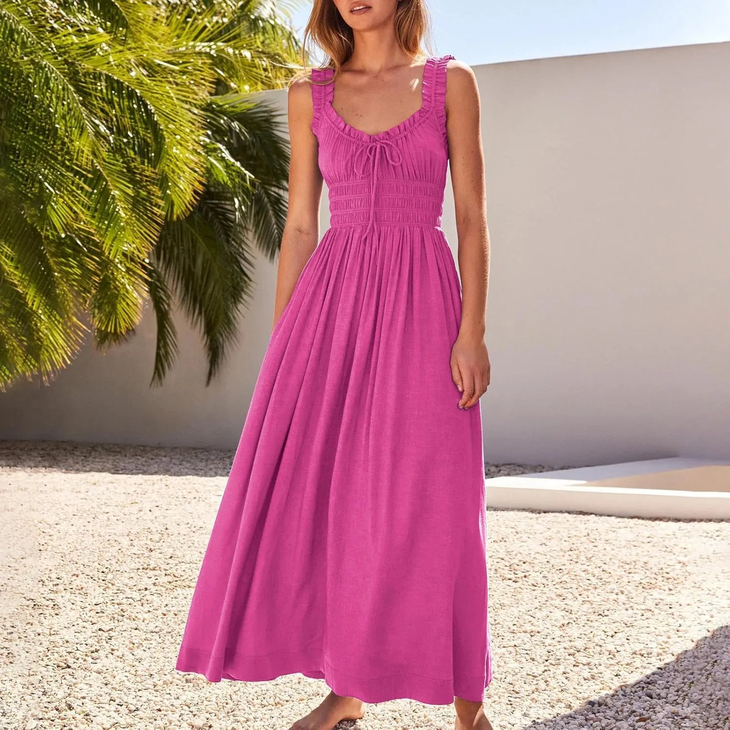 Maxi Dresses for Women 2025 Drawstring Round Neck Sleeveless Waisted Dress Summer Relax Vacation Sundress