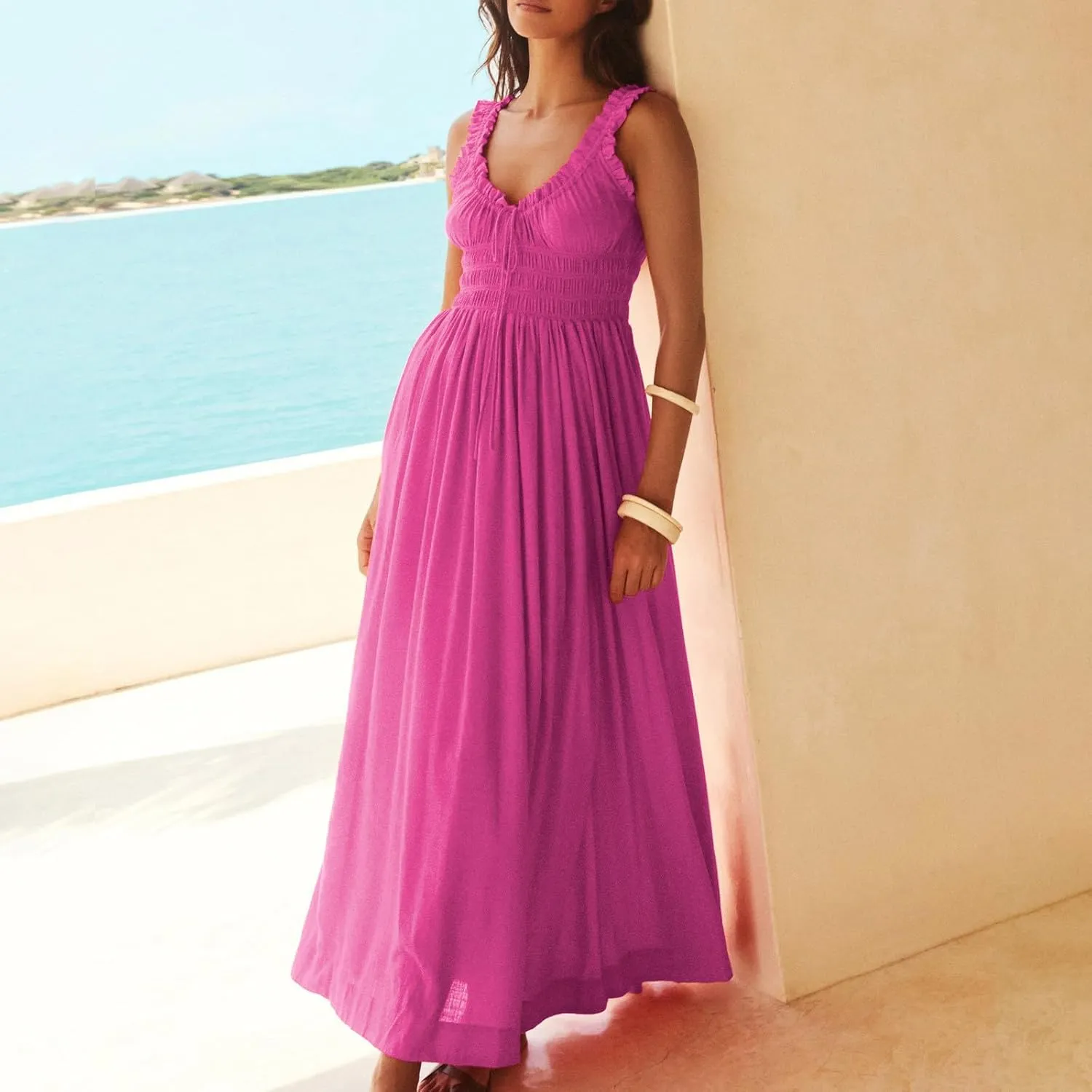 Maxi Dresses for Women 2025 Drawstring Round Neck Sleeveless Waisted Dress Summer Relax Vacation Sundress