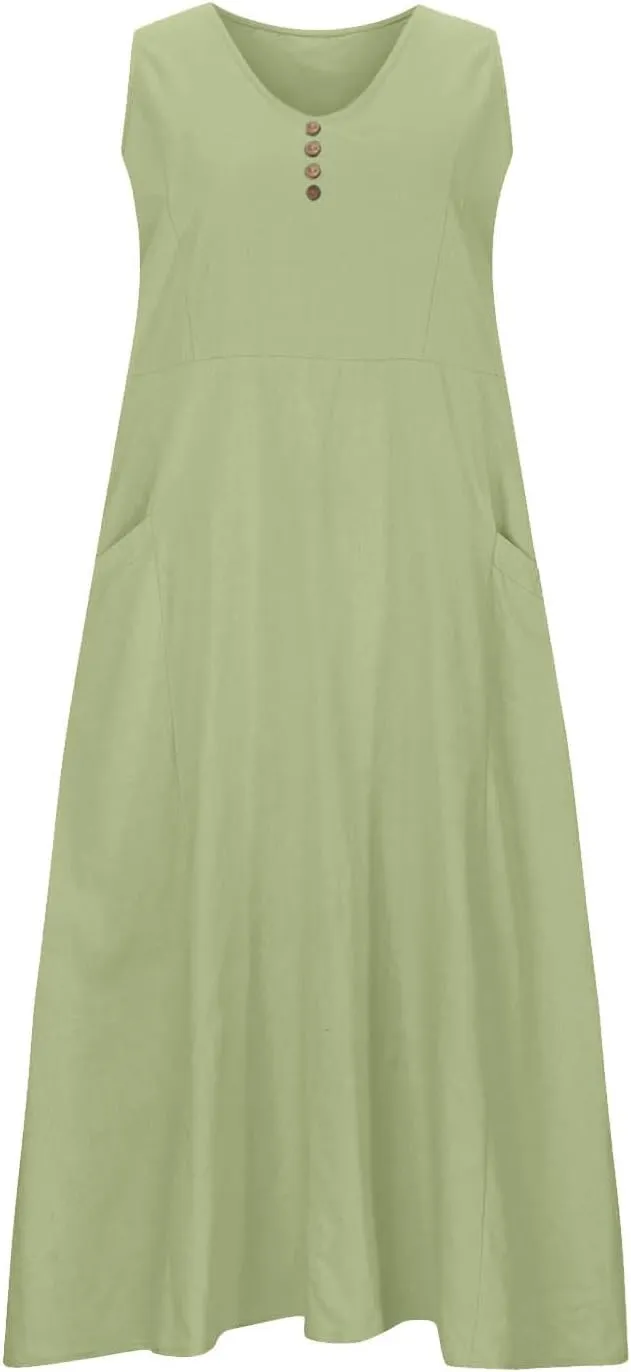 Maxi Dresses for Women 2025 Round Neck Sleeveless Pleated Summer Dress Casual Cocktail Sundress with Pockets