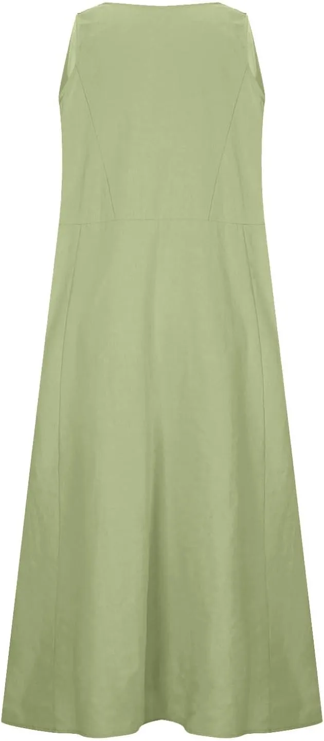 Maxi Dresses for Women 2025 Round Neck Sleeveless Pleated Summer Dress Casual Cocktail Sundress with Pockets