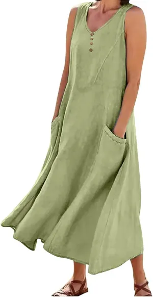 Maxi Dresses for Women 2025 Round Neck Sleeveless Pleated Summer Dress Casual Cocktail Sundress with Pockets