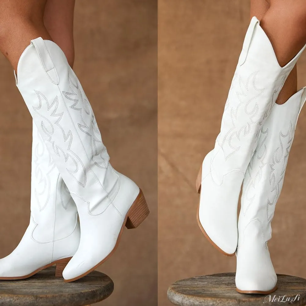 MeiLuSi Knee High Cowboy Boots Women's Cowgirl Boots for Women Embroidered Fashion Pull on Tall Western Boot