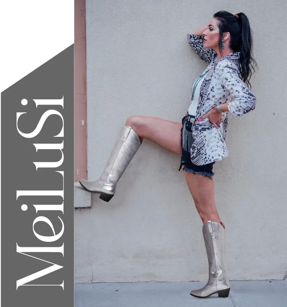 MeiLuSi Knee High Cowboy Boots Women's Cowgirl Boots for Women Embroidered Fashion Pull on Tall Western Boot