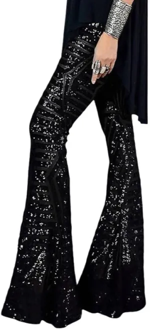 Melliflo Sequin Wide Leg Pants Glitter High Waisted Flare Leg Pants Party Club Dance Pants Night Out Bell Bottom Trousers