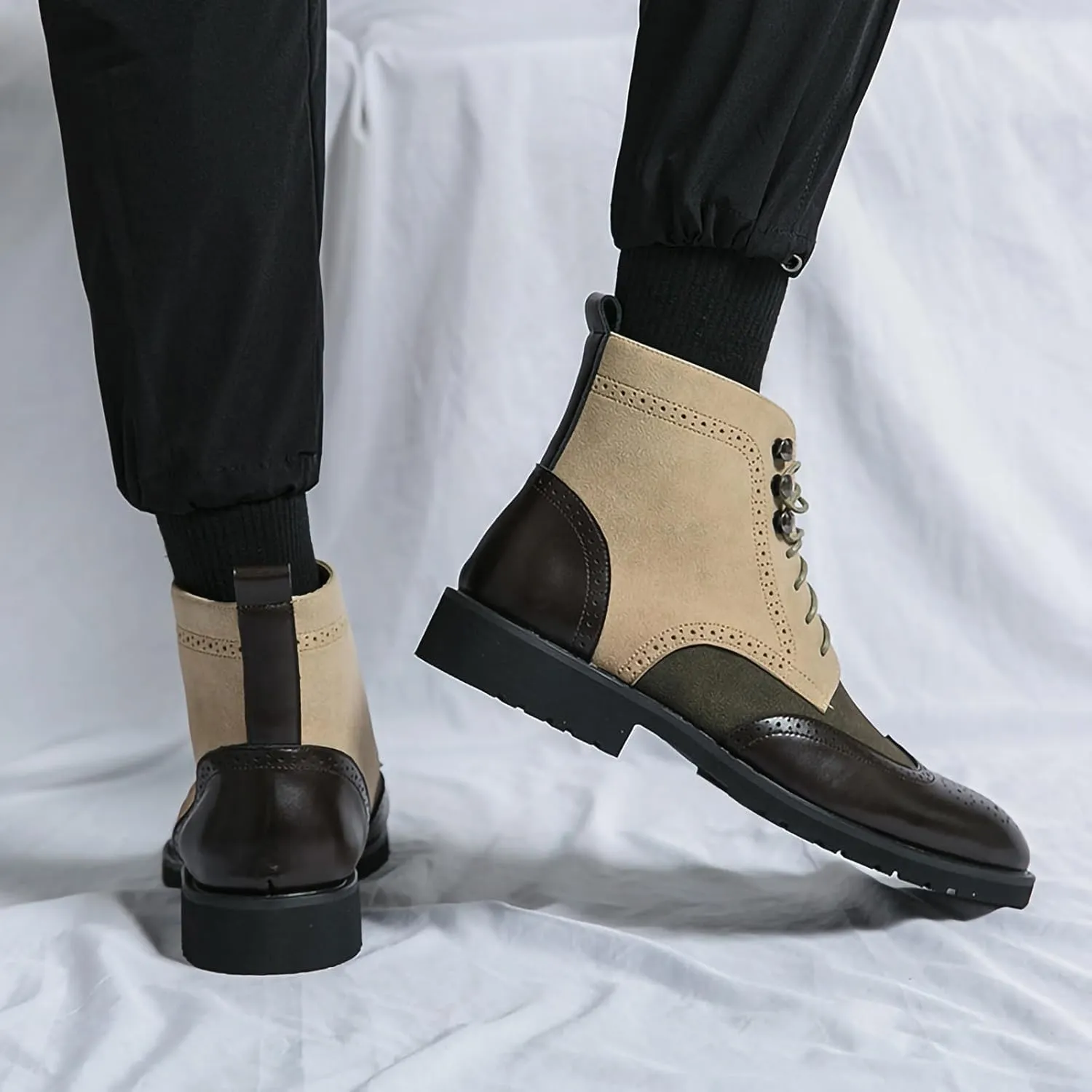 Men's Casual Chukka Boots Brogue PU Leather Stylish Patchwork Mid-Calf Work Boots Cap Toe Derby Ankle Boot
