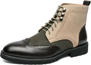 Men's Casual Chukka Boots Brogue PU Leather Stylish Patchwork Mid-Calf Work Boots Cap Toe Derby Ankle Boot