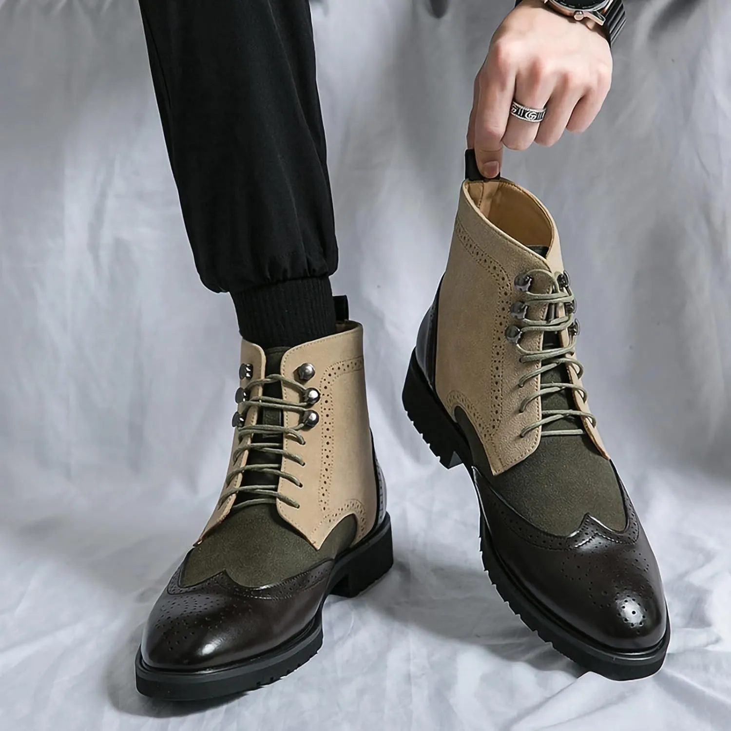 Men's Casual Chukka Boots Brogue PU Leather Stylish Patchwork Mid-Calf Work Boots Cap Toe Derby Ankle Boot