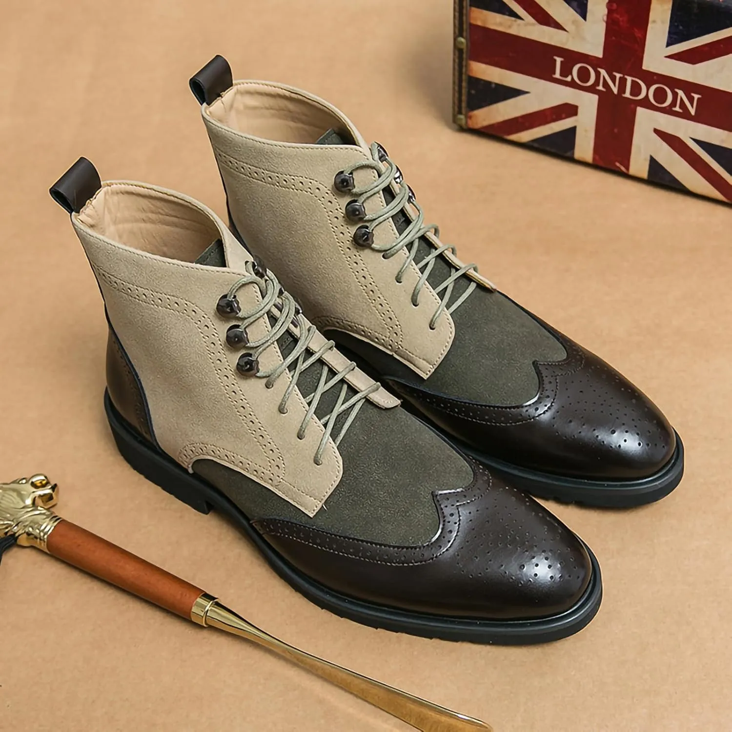 Men's Casual Chukka Boots Brogue PU Leather Stylish Patchwork Mid-Calf Work Boots Cap Toe Derby Ankle Boot