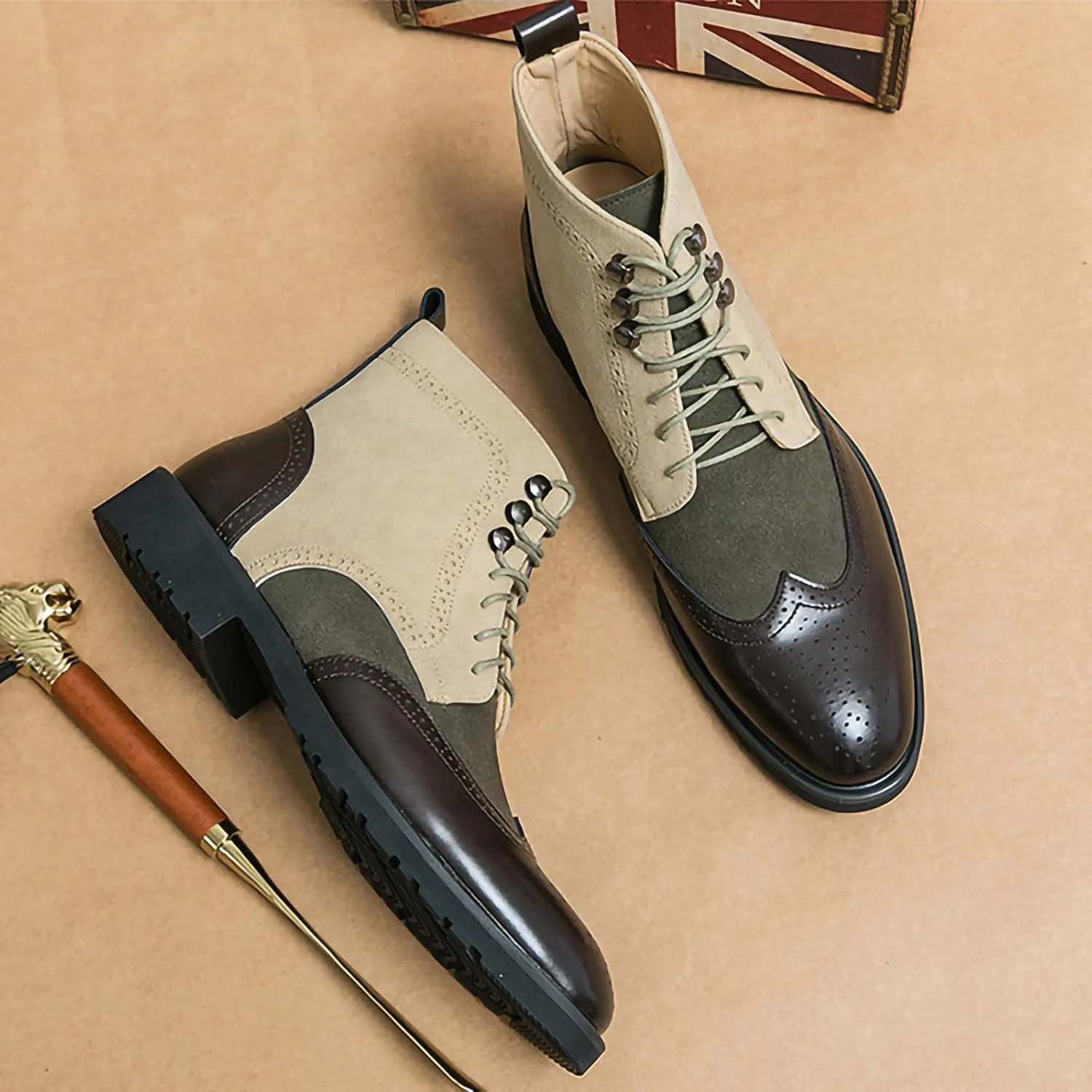 Men's Casual Chukka Boots Brogue PU Leather Stylish Patchwork Mid-Calf Work Boots Cap Toe Derby Ankle Boot