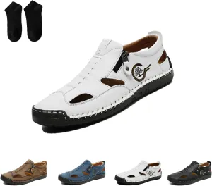 Men's Closed-Toe Leather Fisherman Sandals Slip-On |Side Zipper Hand-Sewn | Breathable Comfortable Casual Moccasin Loafers for Summer Outdoor Driving & Walking