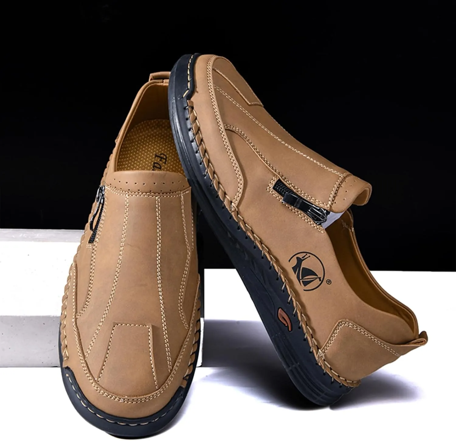 Men's Leather Slip-On Loafers Anti-Slip Sole Retro Round Toe Handsewn Detailing Lightweight Driving Shoes for Walking & Everyday Wear