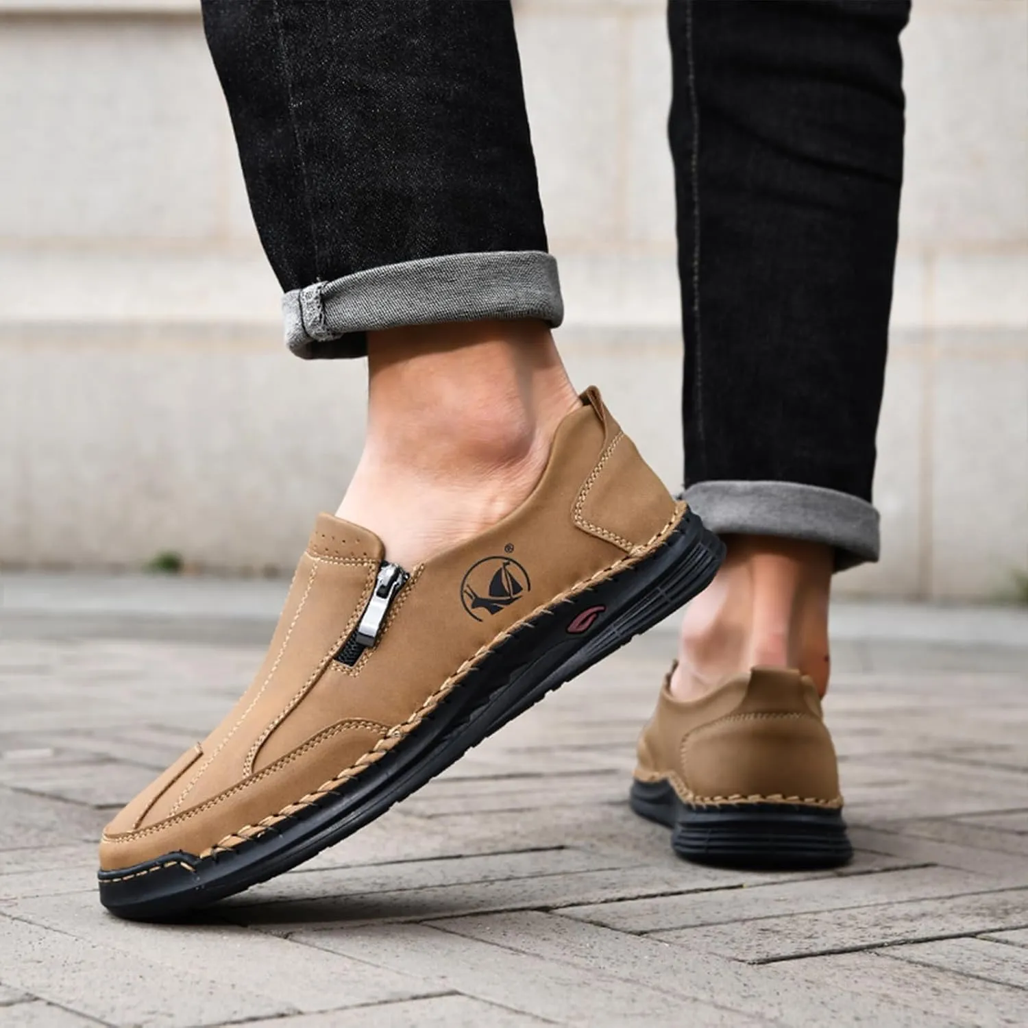 Men's Leather Slip-On Loafers Anti-Slip Sole Retro Round Toe Handsewn Detailing Lightweight Driving Shoes for Walking & Everyday Wear