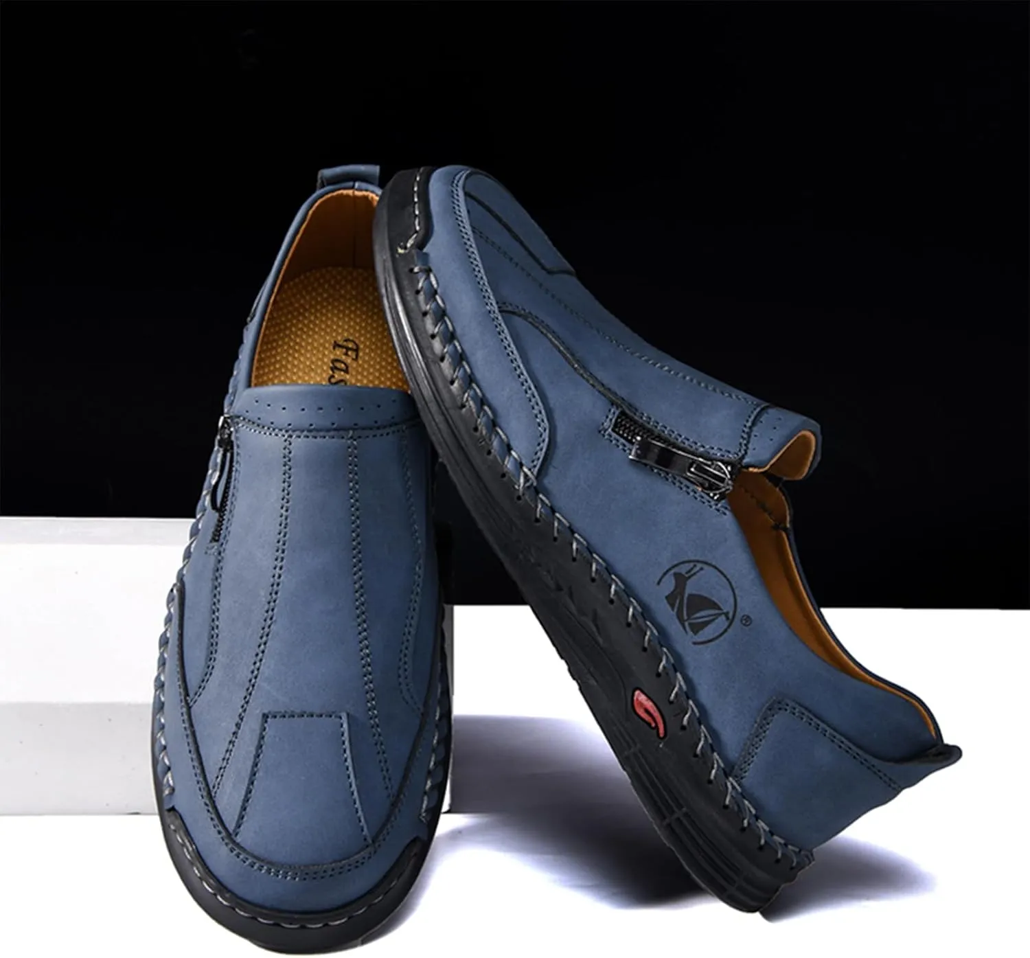 Men's Leather Slip-On Loafers Anti-Slip Sole Retro Round Toe Handsewn Detailing Lightweight Driving Shoes for Walking & Everyday Wear