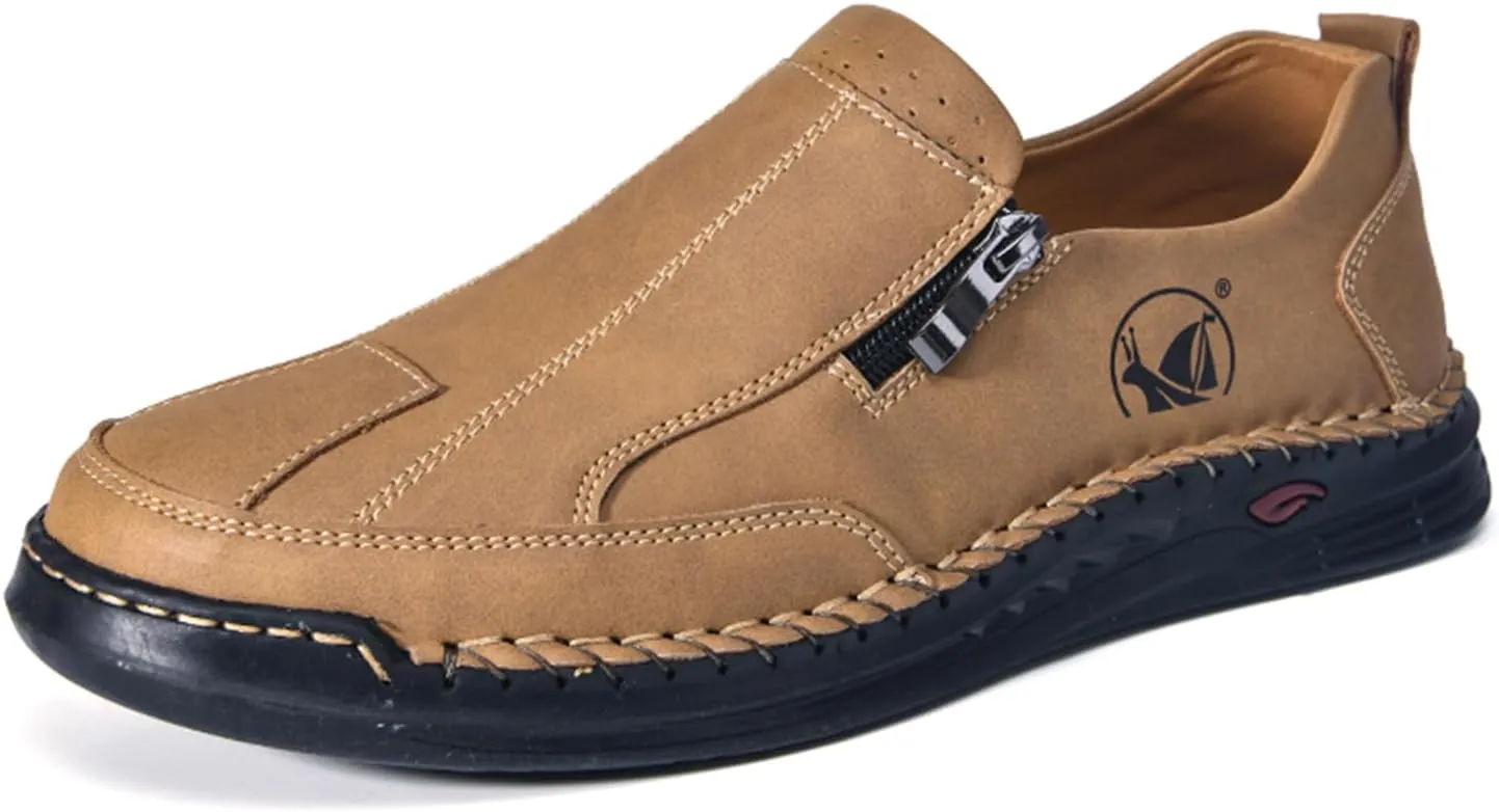 Men's Leather Slip-On Loafers Anti-Slip Sole Retro Round Toe Handsewn Detailing Lightweight Driving Shoes for Walking & Everyday Wear