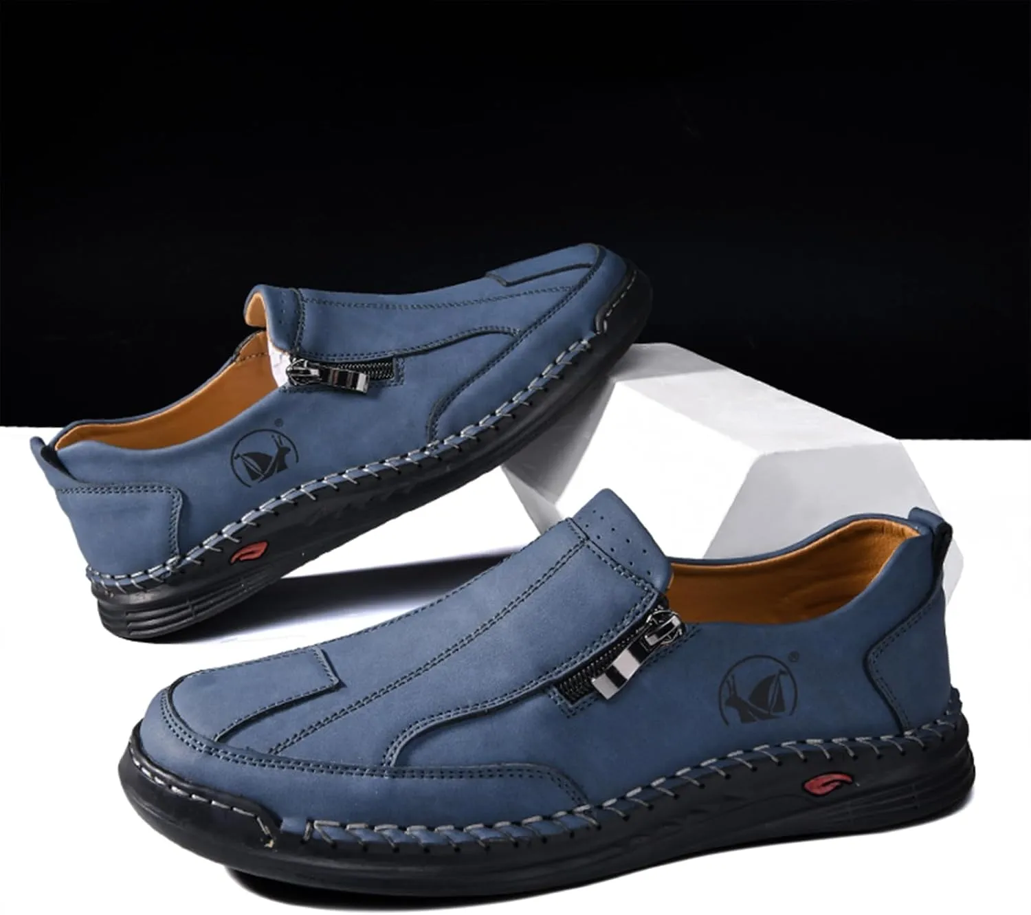 Men's Leather Slip-On Loafers Anti-Slip Sole Retro Round Toe Handsewn Detailing Lightweight Driving Shoes for Walking & Everyday Wear