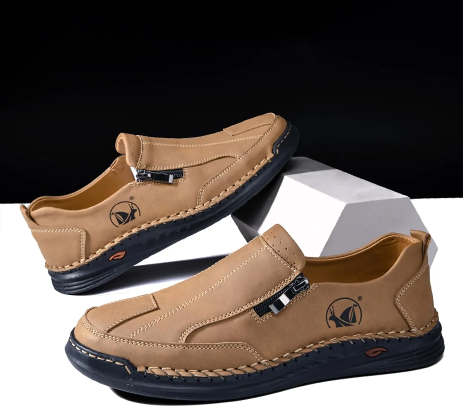 Men's Leather Slip-On Loafers Anti-Slip Sole Retro Round Toe Handsewn Detailing Lightweight Driving Shoes for Walking & Everyday Wear