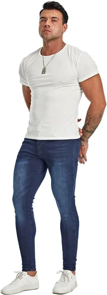 Men's Super Skinny Stretch Tapered Leg Slim Fit Ripped Distressed Jeans…