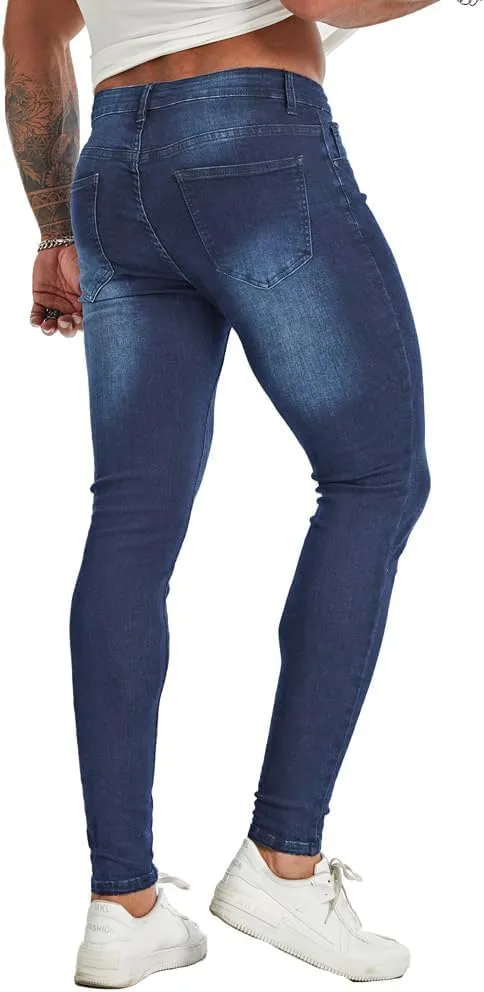 Men's Super Skinny Stretch Tapered Leg Slim Fit Ripped Distressed Jeans…