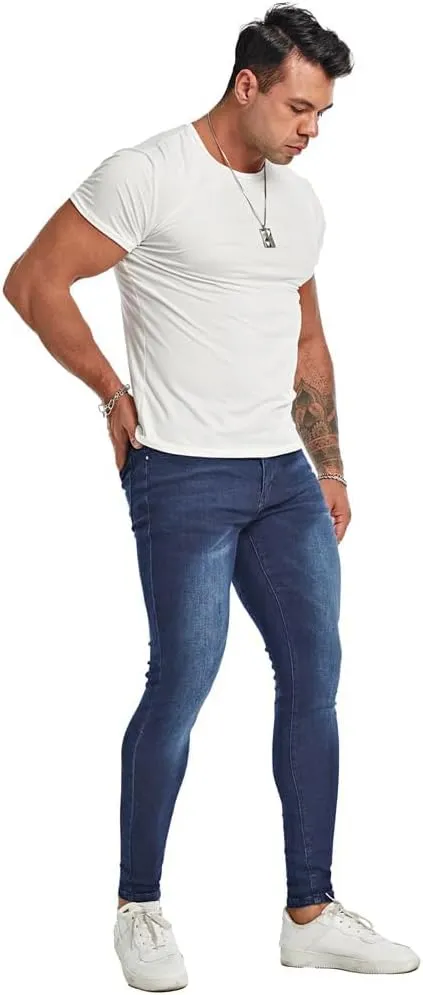 Men's Super Skinny Stretch Tapered Leg Slim Fit Ripped Distressed Jeans…