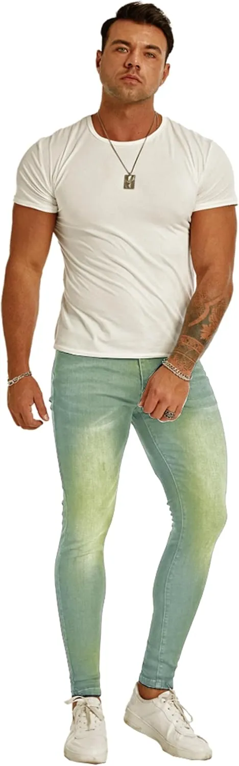 Men's Super Skinny Stretch Tapered Leg Slim Fit Ripped Distressed Jeans…