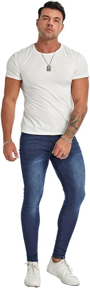 Men's Super Skinny Stretch Tapered Leg Slim Fit Ripped Distressed Jeans…
