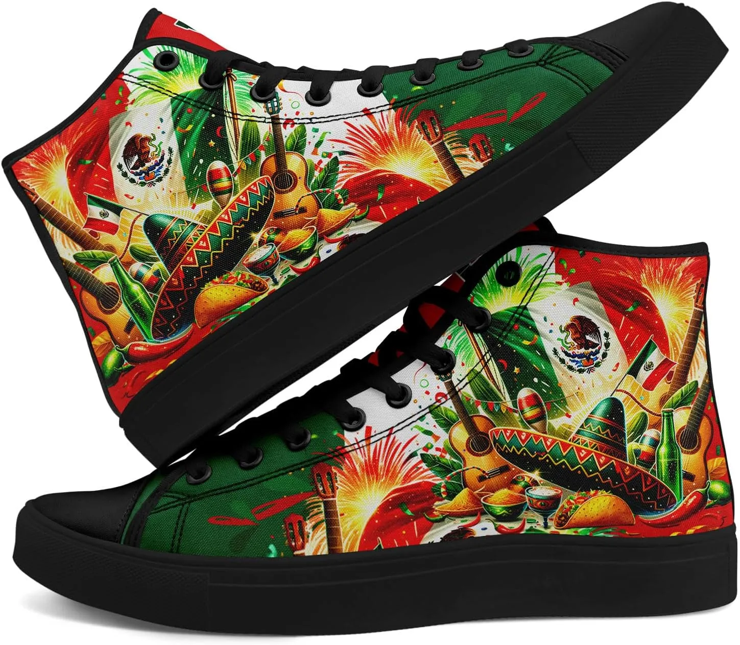 Mexican Flag Canvas High-Top Sneakers, Comfortable Rubber Sole, Breathable Mesh Lining, Casual Shoes for Men & Women