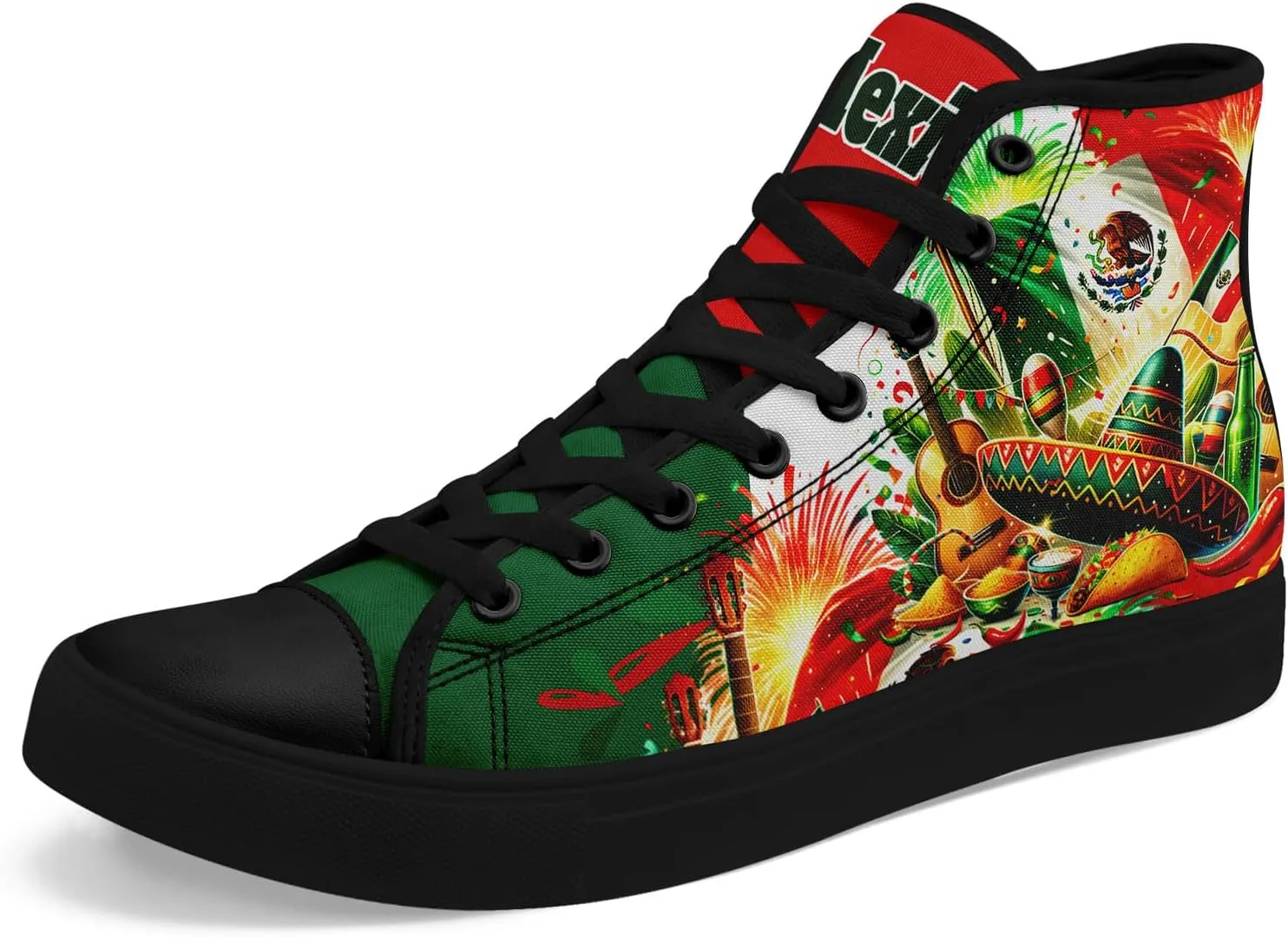 Mexican Flag Canvas High-Top Sneakers, Comfortable Rubber Sole, Breathable Mesh Lining, Casual Shoes for Men & Women