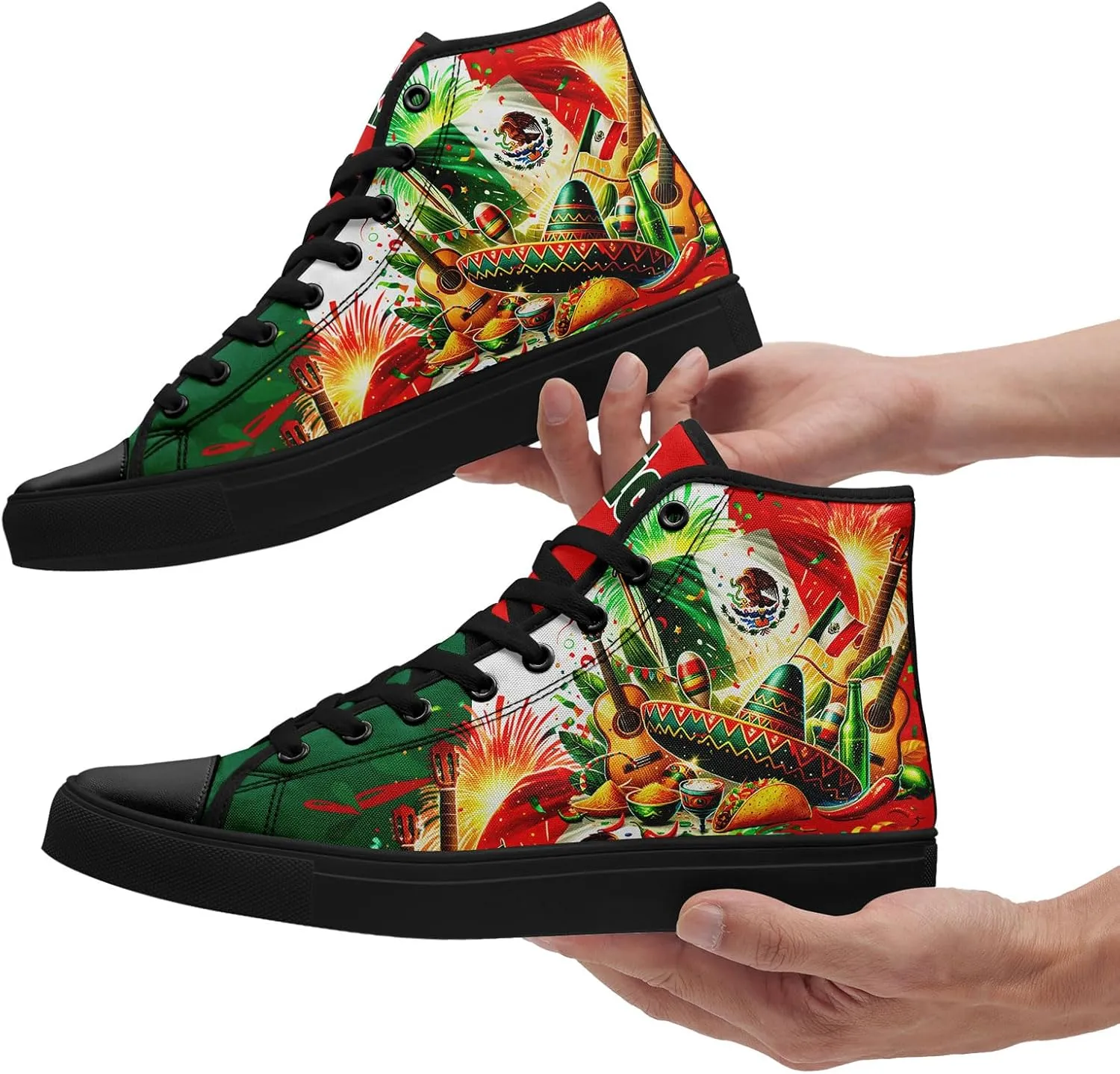 Mexican Flag Canvas High-Top Sneakers, Comfortable Rubber Sole, Breathable Mesh Lining, Casual Shoes for Men & Women