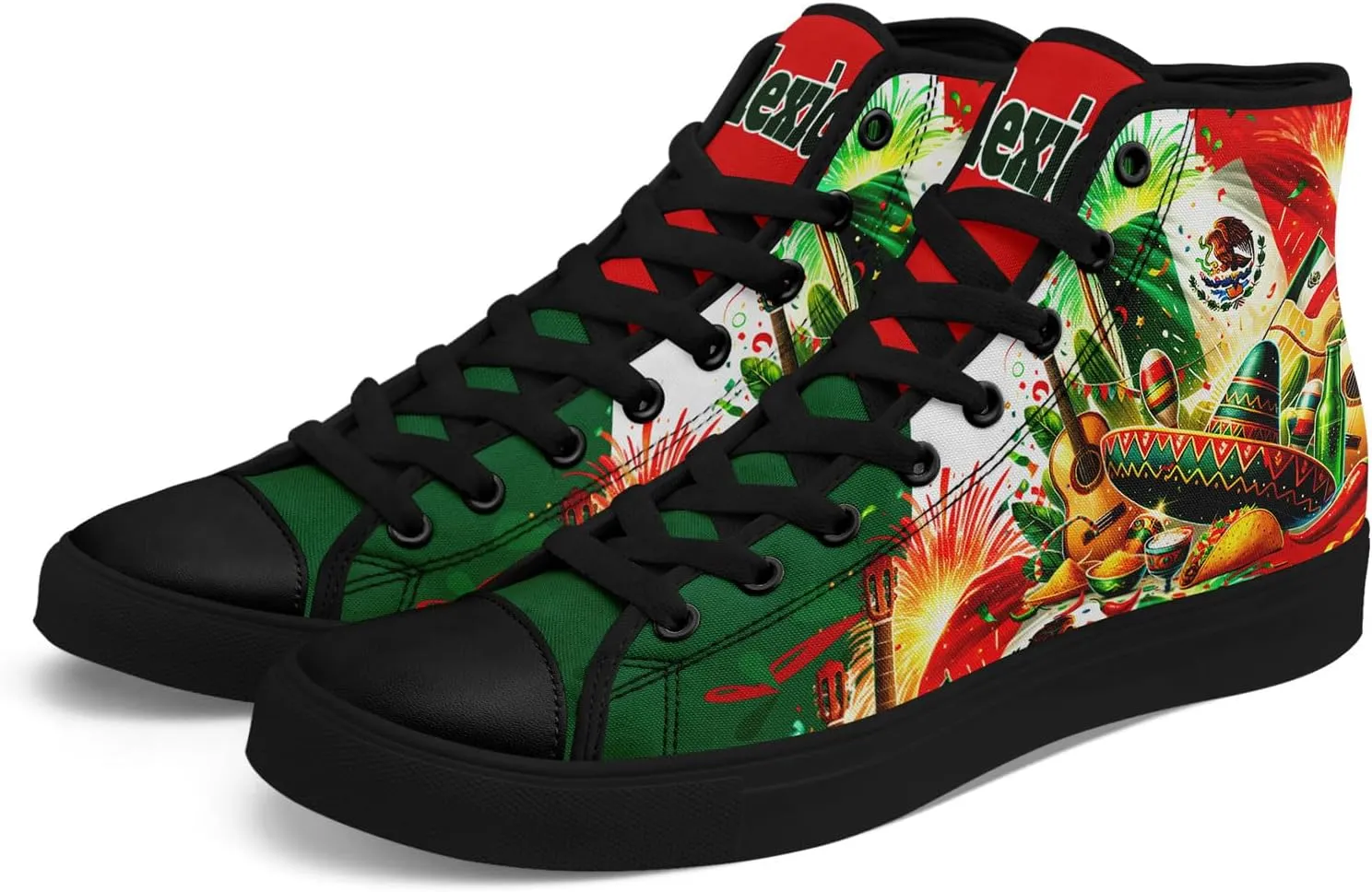 Mexican Flag Canvas High-Top Sneakers, Comfortable Rubber Sole, Breathable Mesh Lining, Casual Shoes for Men & Women