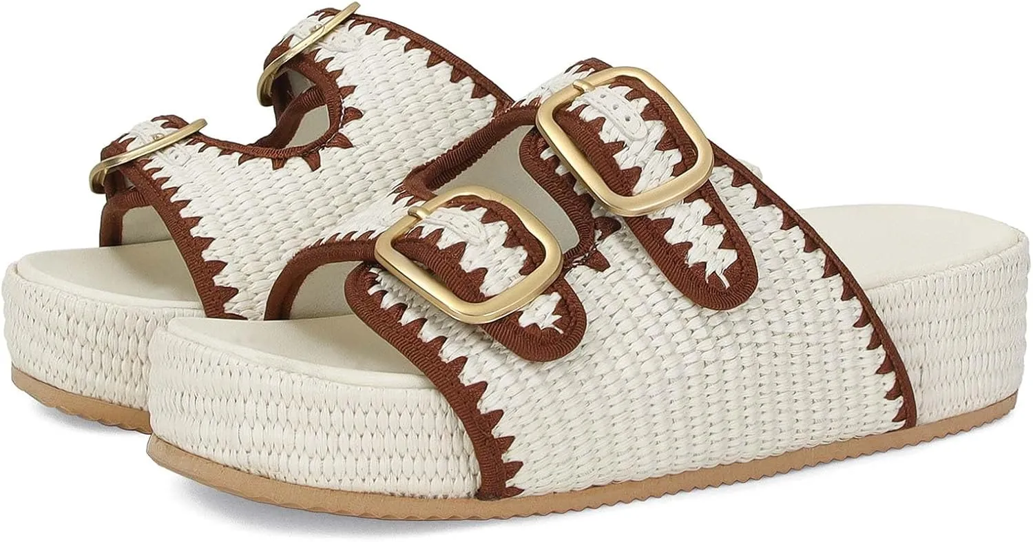MICIFA Raffia Platform Sandals for Women, Wedges Summer Beach Sandals Comfortable Cute Woven Straw Crochet Sandals Shoes Casual Adjustable Buckle Strap Shoes