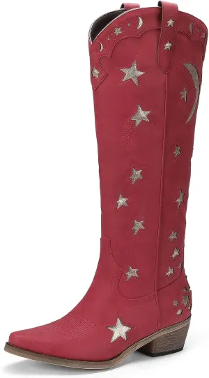 Mid Calf Cowgirl Boots with Stars Inlay Chunky Block Heels and Snip Toe Trend Shoes Stylish Embroidery Western Knee High Boots Cute Cowboy Boots For Ladies Casual Dressy Party