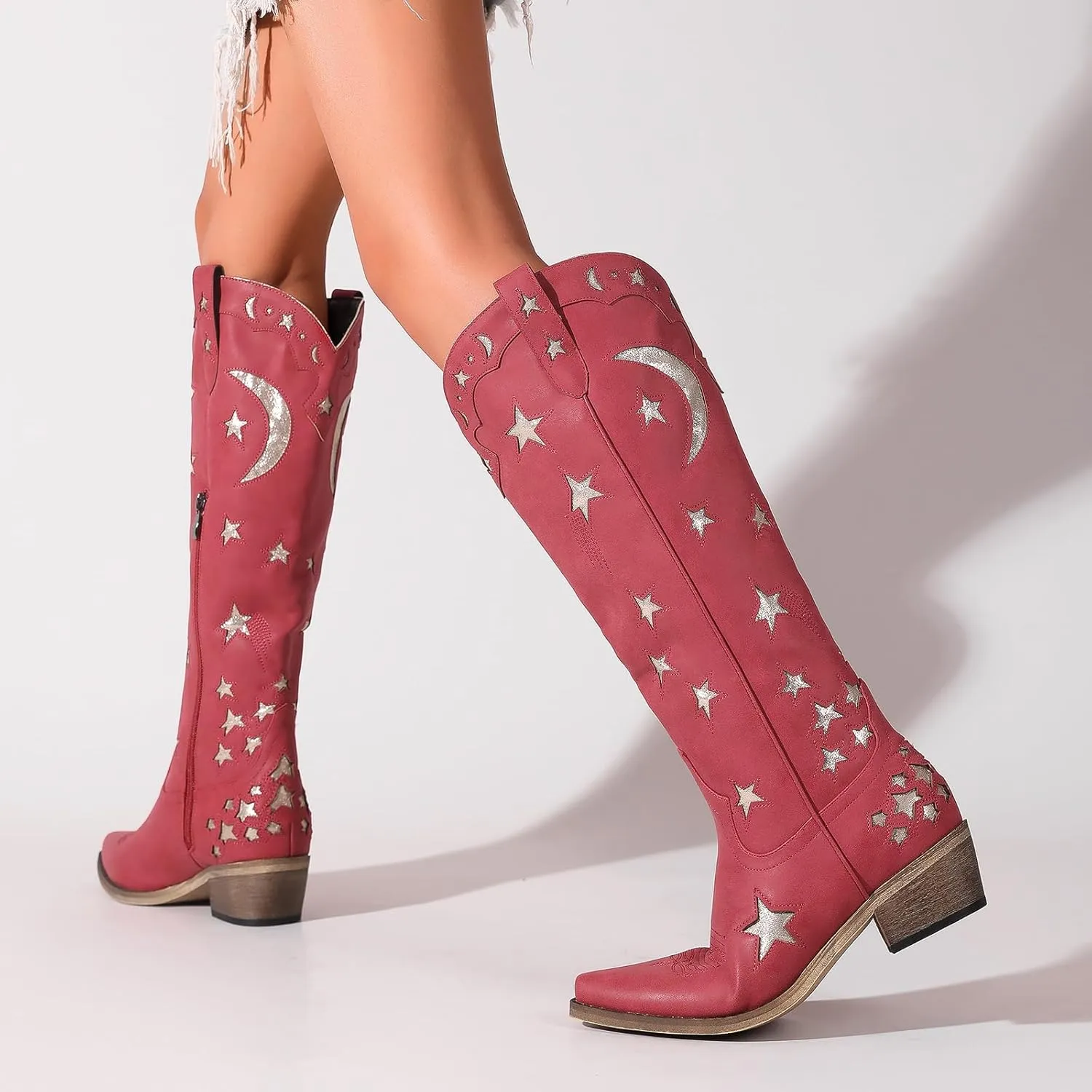 Mid Calf Cowgirl Boots with Stars Inlay Chunky Block Heels and Snip Toe Trend Shoes Stylish Embroidery Western Knee High Boots Cute Cowboy Boots For Ladies Casual Dressy Party