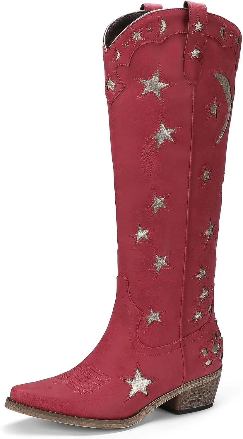 Mid Calf Cowgirl Boots with Stars Inlay Chunky Block Heels and Snip Toe Trend Shoes Stylish Embroidery Western Knee High Boots Cute Cowboy Boots For Ladies Casual Dressy Party