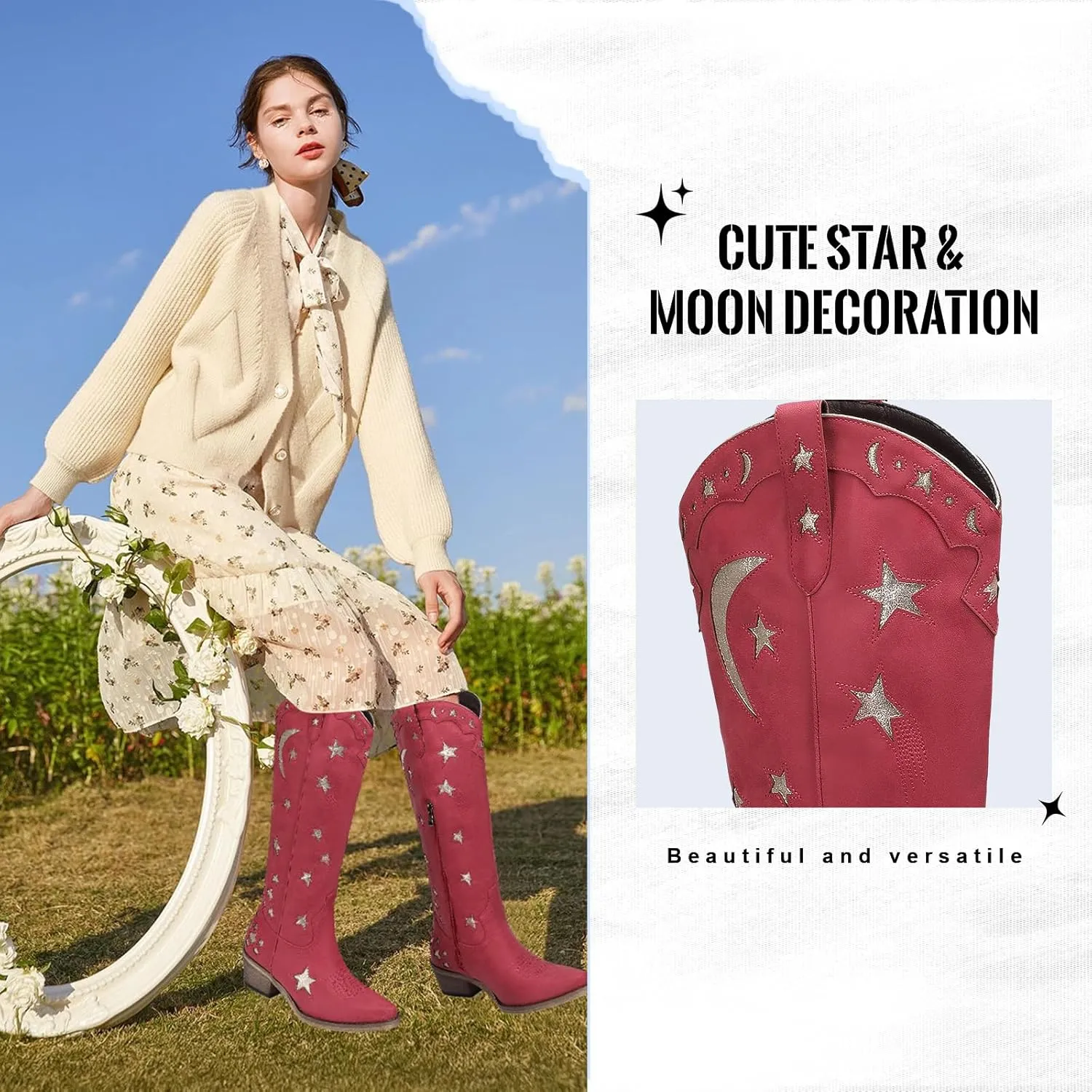 Mid Calf Cowgirl Boots with Stars Inlay Chunky Block Heels and Snip Toe Trend Shoes Stylish Embroidery Western Knee High Boots Cute Cowboy Boots For Ladies Casual Dressy Party