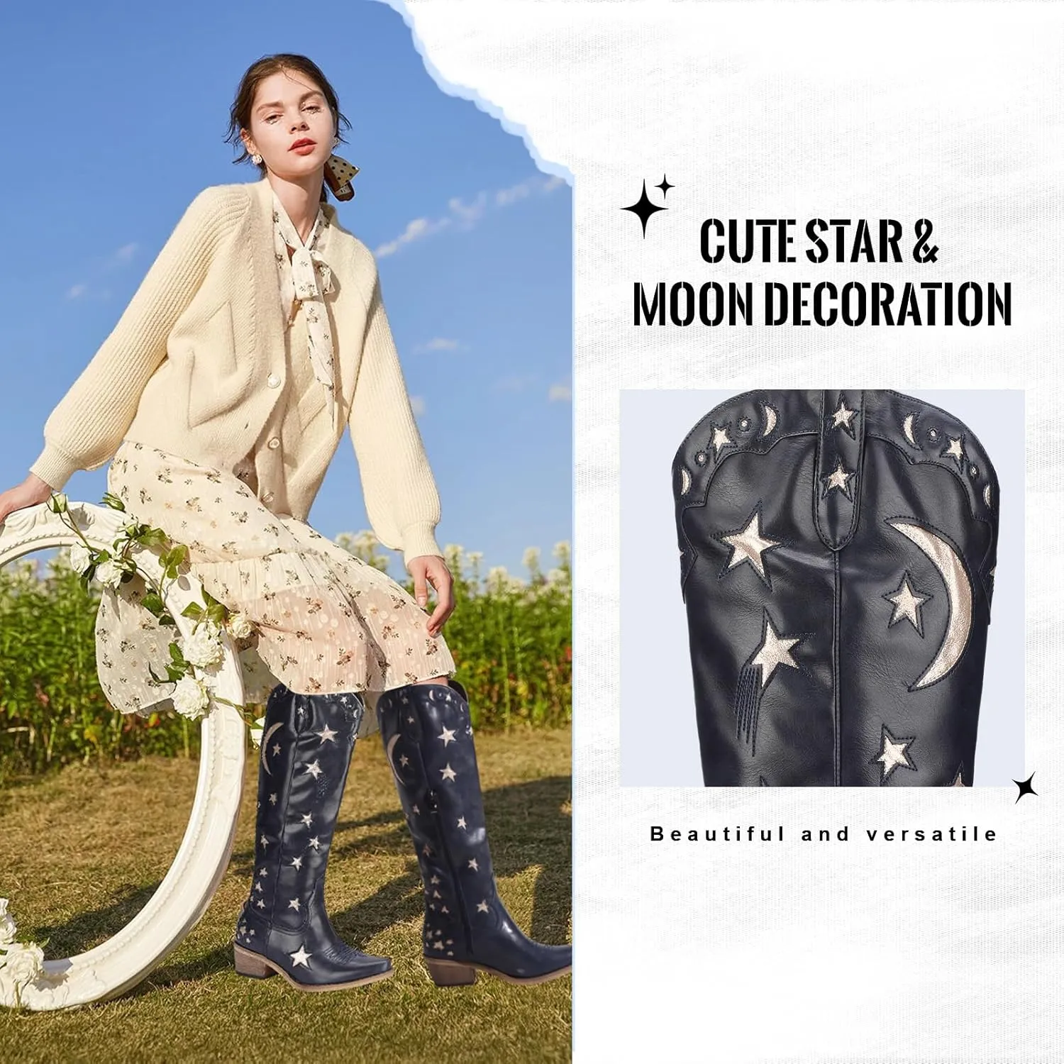 Mid Calf Cowgirl Boots with Stars Inlay Chunky Block Heels and Snip Toe Trend Shoes Stylish Embroidery Western Knee High Boots Cute Cowboy Boots For Ladies Casual Dressy Party