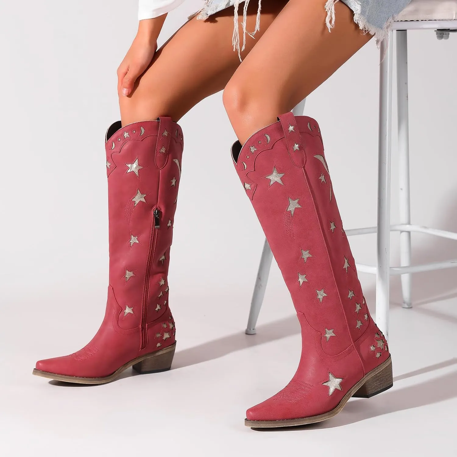 Mid Calf Cowgirl Boots with Stars Inlay Chunky Block Heels and Snip Toe Trend Shoes Stylish Embroidery Western Knee High Boots Cute Cowboy Boots For Ladies Casual Dressy Party