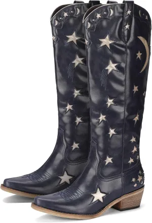 Mid Calf Cowgirl Boots with Stars Inlay Chunky Block Heels and Snip Toe Trend Shoes Stylish Embroidery Western Knee High Boots Cute Cowboy Boots For Ladies Casual Dressy Party
