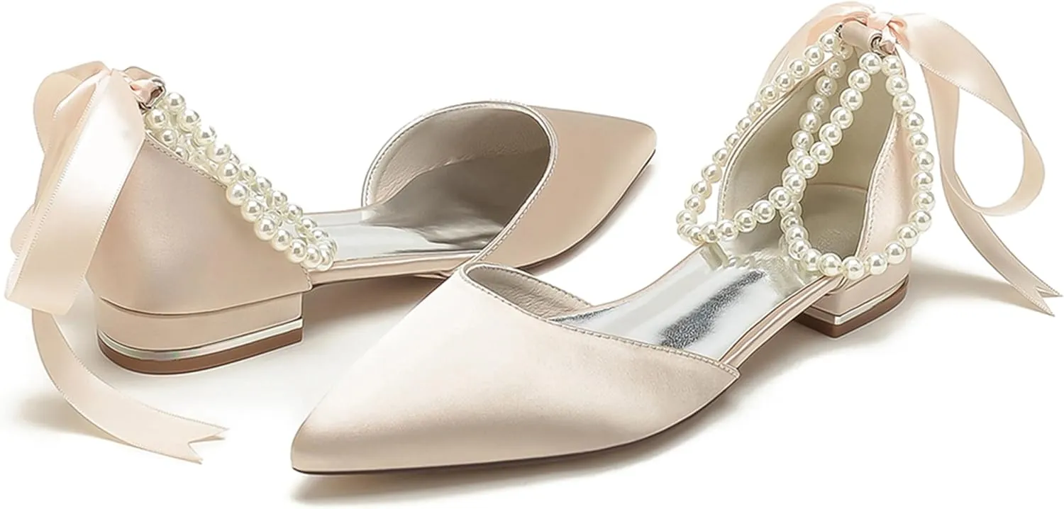 Minishion Beaded Wedding Flats Shoes for Women Girls Ankle Chain Evening Formal Pumps with Ribbon MS321