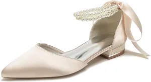 Minishion Beaded Wedding Flats Shoes for Women Girls Ankle Chain Evening Formal Pumps with Ribbon MS321